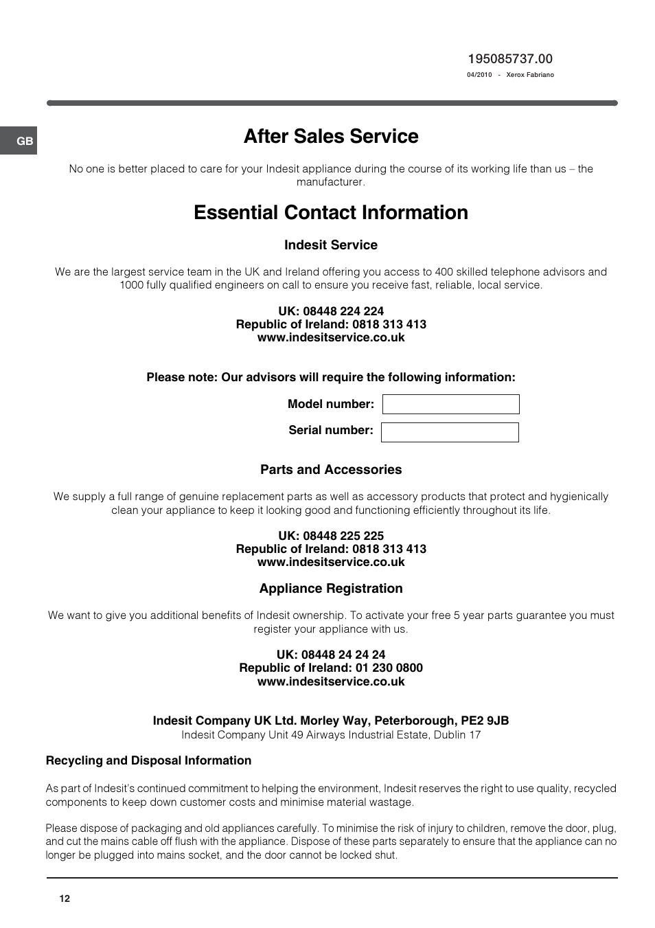 After sales service, Essential contact information | Indesit BAN344NFUK User Manual | Page 12 / 12