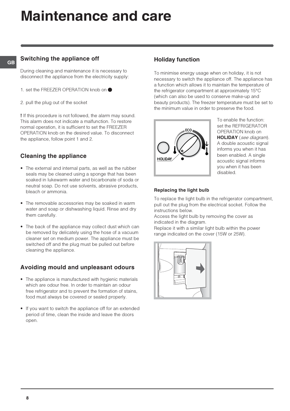 Maintenance and care | Indesit BAN344NFUK User Manual | Page 8 / 12