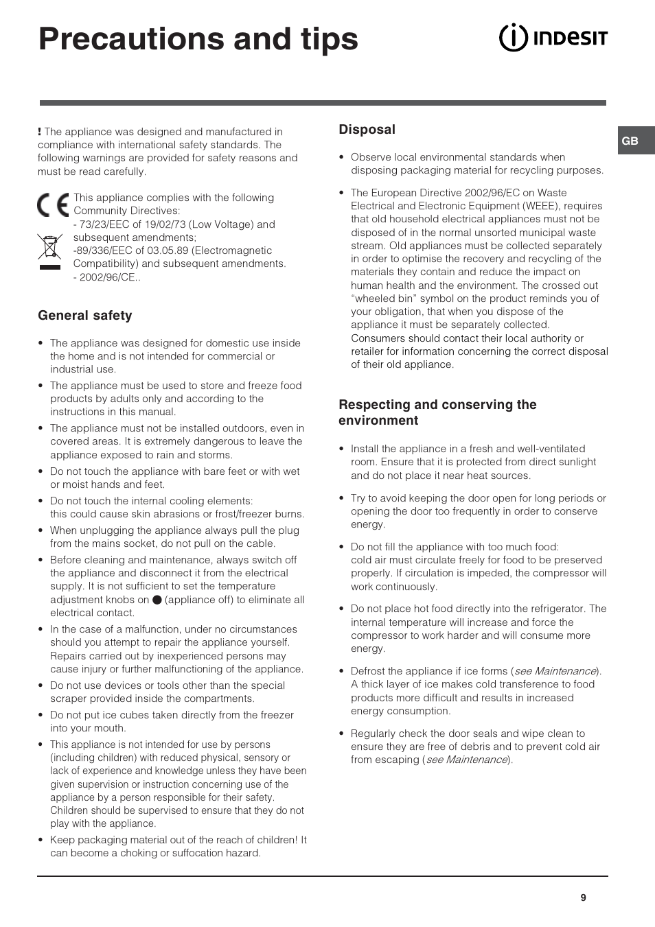 Precautions and tips, Disposal, Respecting and conserving the environment | General safety | Indesit BAN344NFUK User Manual | Page 9 / 12
