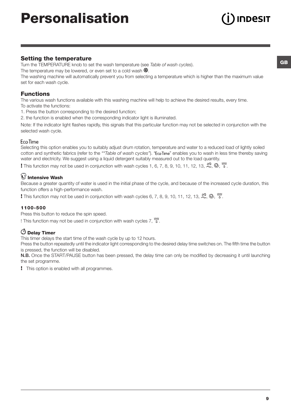 Personalisation | Indesit IWB5113 User Manual | Page 9 / 16