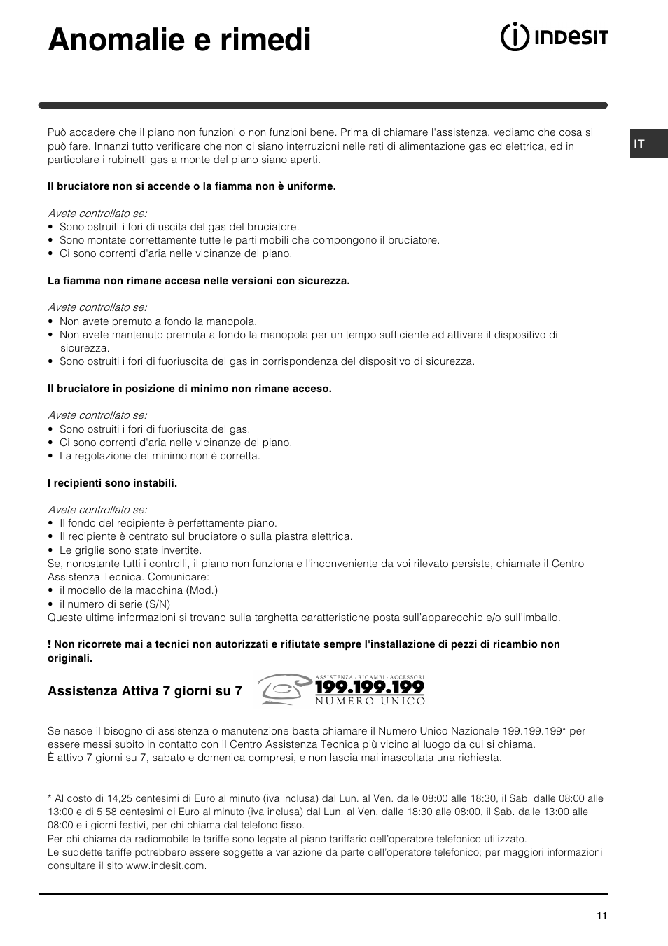 Anomalie e rimedi | Indesit PI631 [multilanguage] User Manual | Page 11 / 56