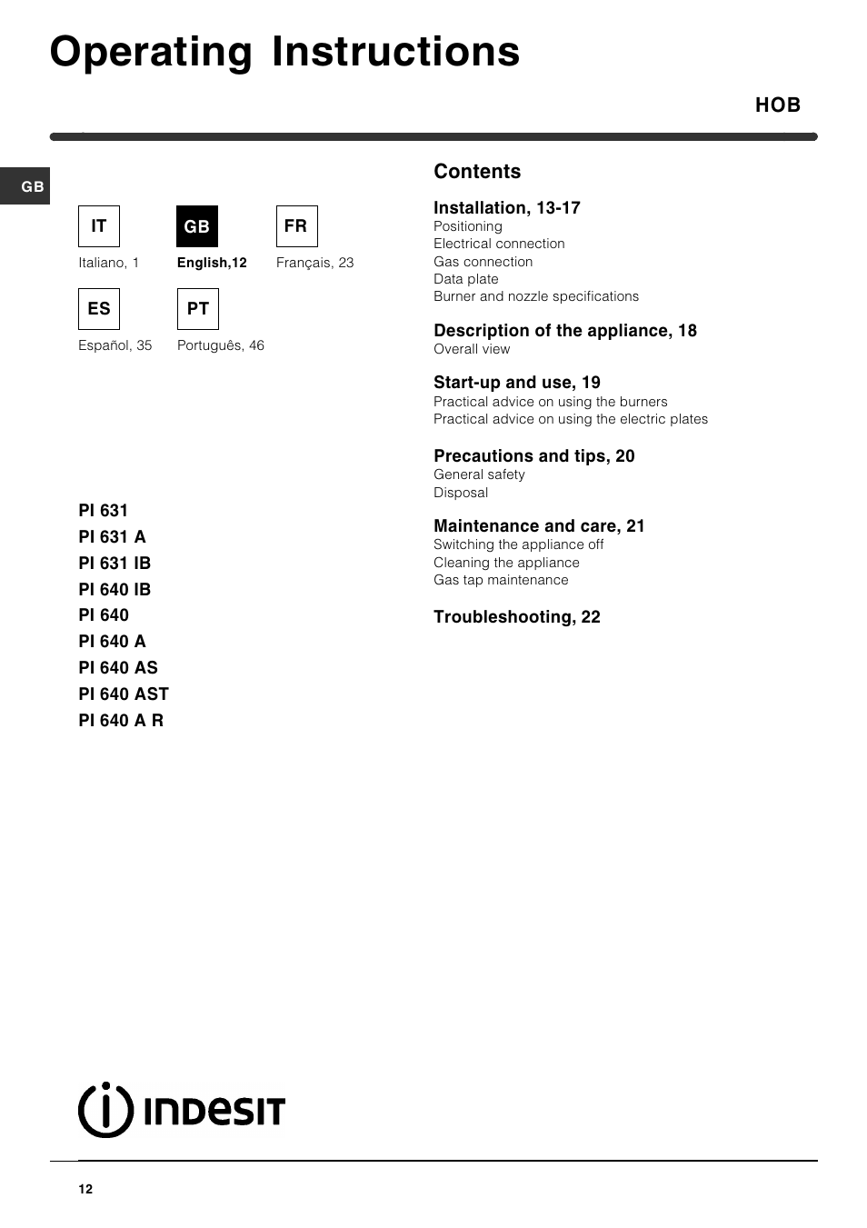Indesit PI631 [multilanguage] User Manual | Page 12 / 56