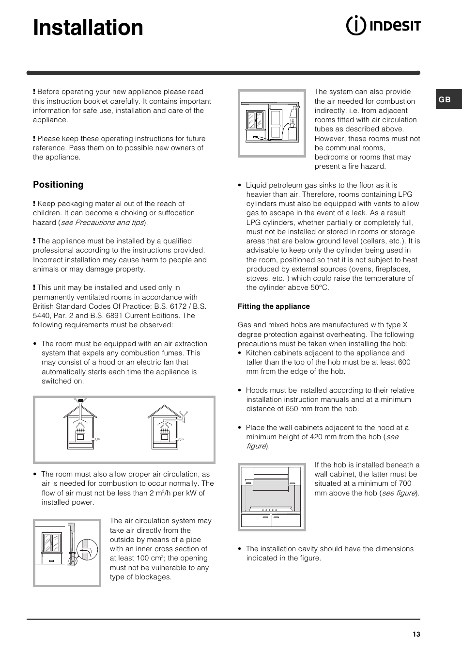 Installation, Positioning | Indesit PI631 [multilanguage] User Manual | Page 13 / 56