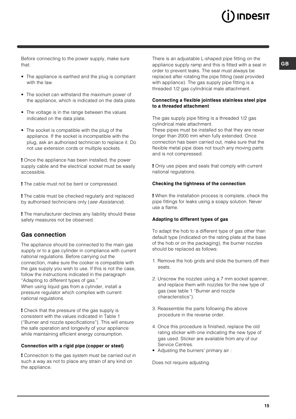 Gas connection | Indesit PI631 [multilanguage] User Manual | Page 15 / 56