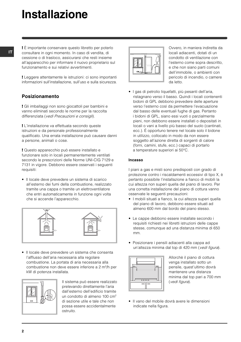 Installazione, Posizionamento | Indesit PI631 [multilanguage] User Manual | Page 2 / 56