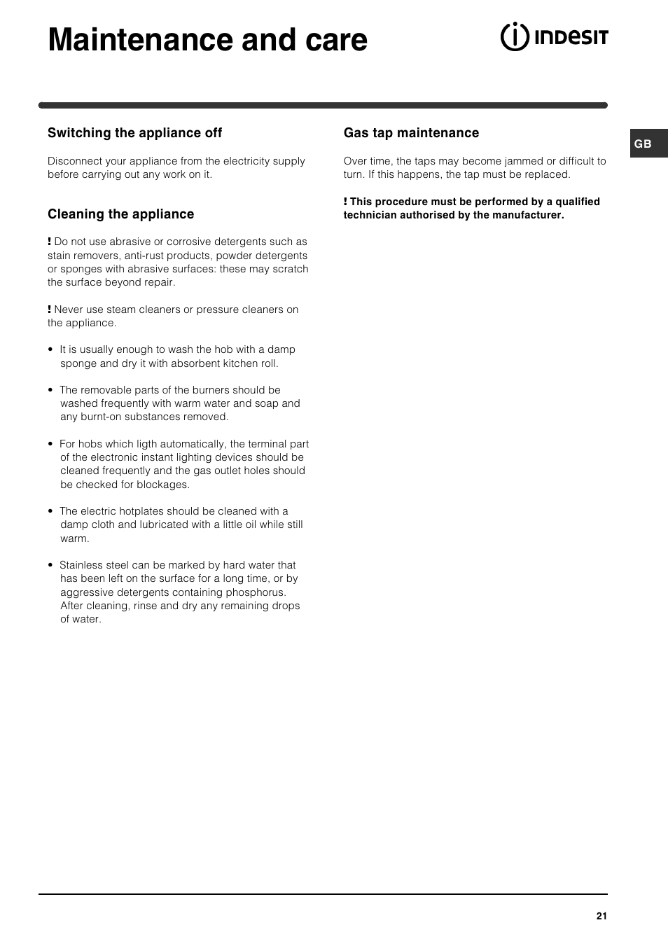 Maintenance and care | Indesit PI631 [multilanguage] User Manual | Page 21 / 56