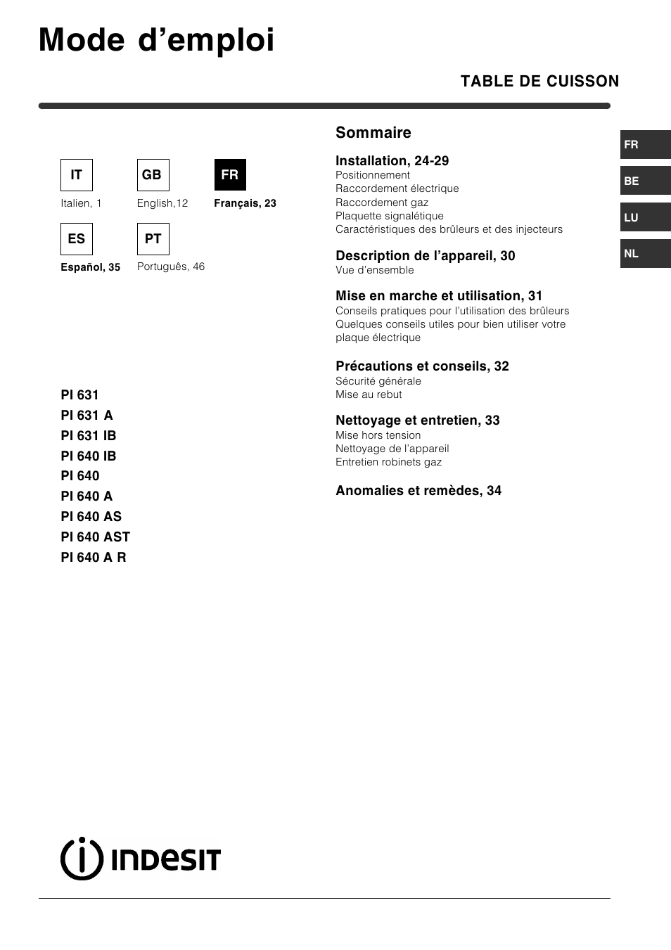 Mode demploi, Table de cuisson, Sommaire | Indesit PI631 [multilanguage] User Manual | Page 23 / 56