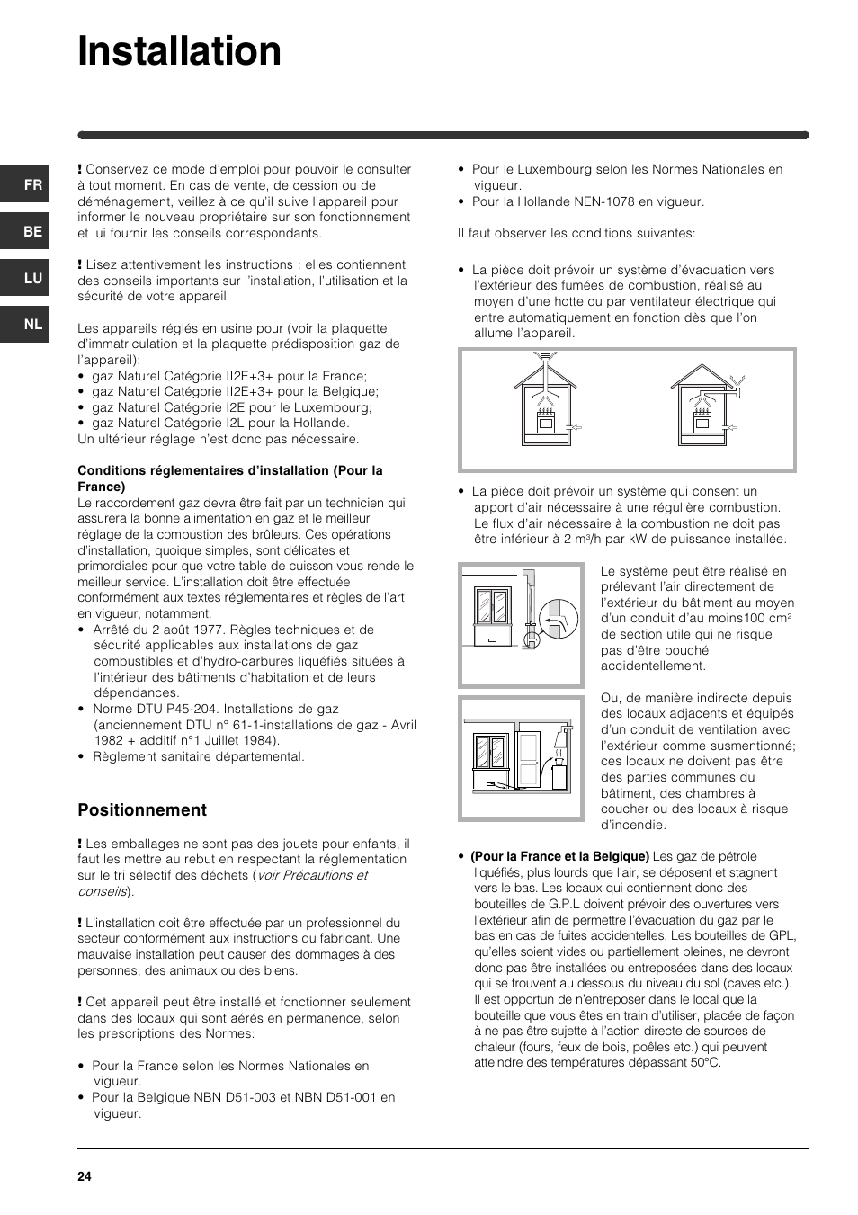Installation, Positionnement | Indesit PI631 [multilanguage] User Manual | Page 24 / 56