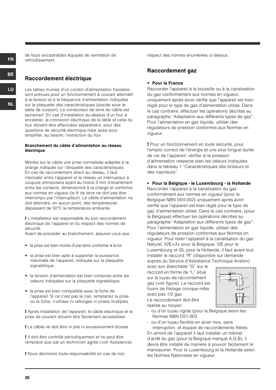 Raccordement électrique, Raccordement gaz | Indesit PI631 [multilanguage] User Manual | Page 26 / 56