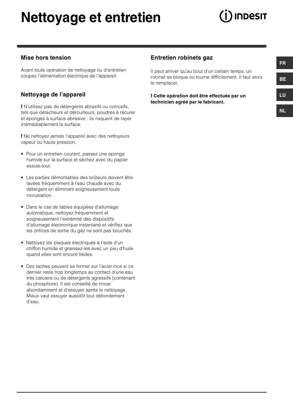 Nettoyage et entretien | Indesit PI631 [multilanguage] User Manual | Page 33 / 56