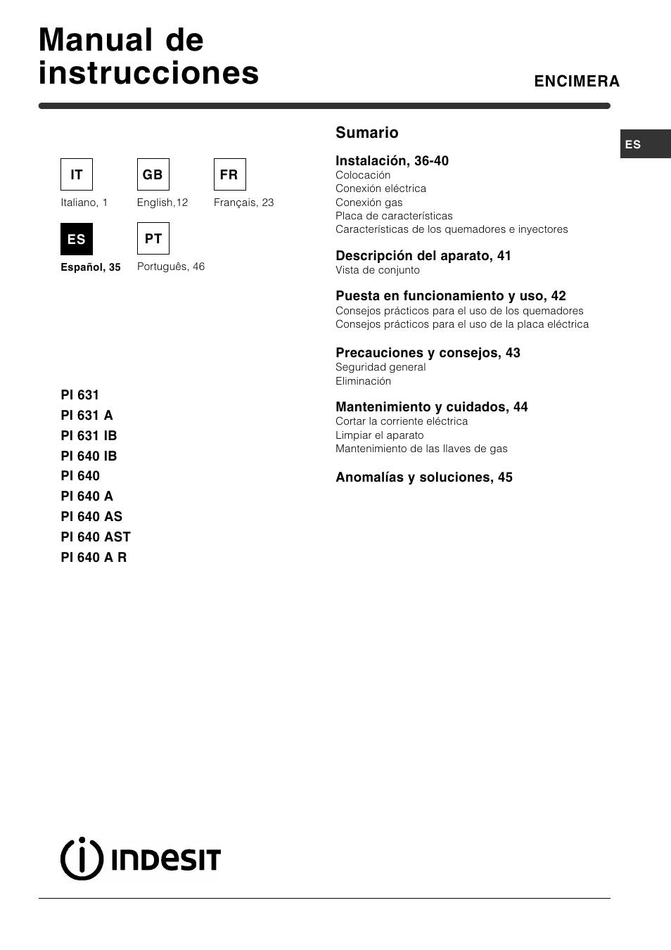 Manual de instrucciones, Encimera, Sumario | Indesit PI631 [multilanguage] User Manual | Page 35 / 56