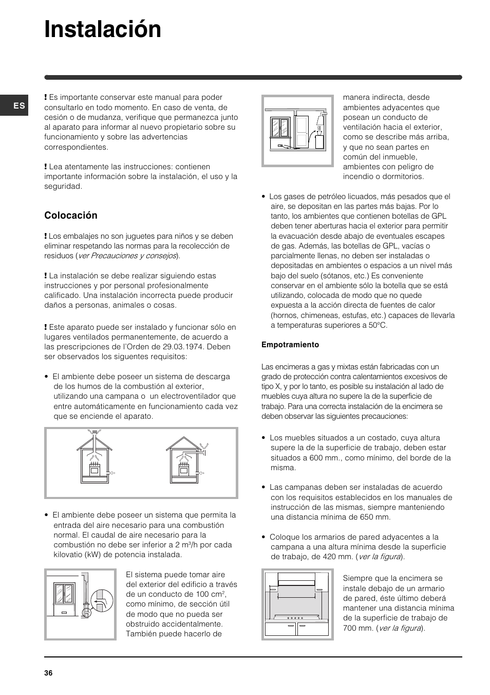 Instalación, Colocación | Indesit PI631 [multilanguage] User Manual | Page 36 / 56