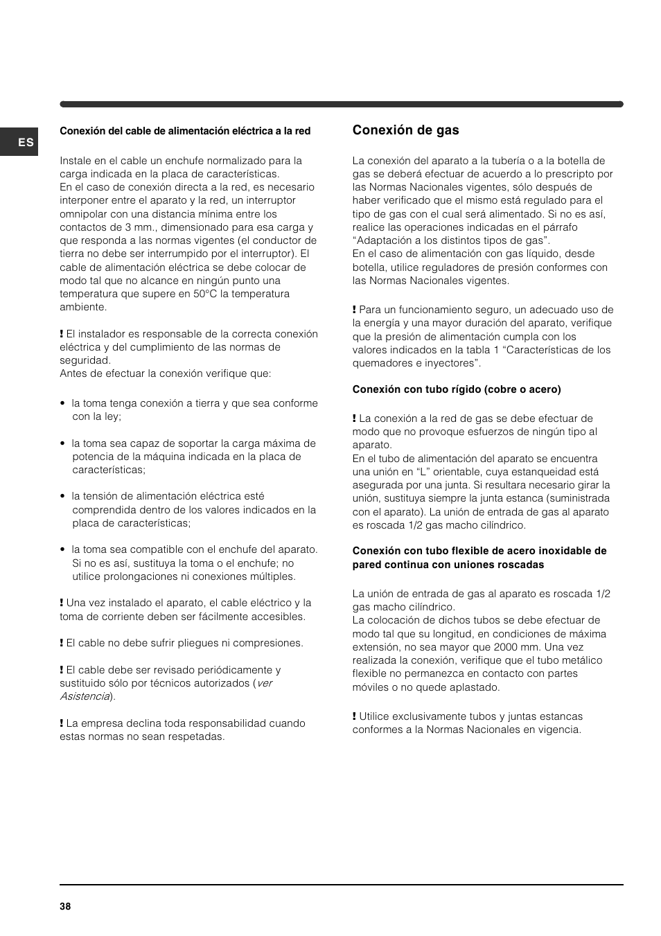 Conexión de gas | Indesit PI631 [multilanguage] User Manual | Page 38 / 56