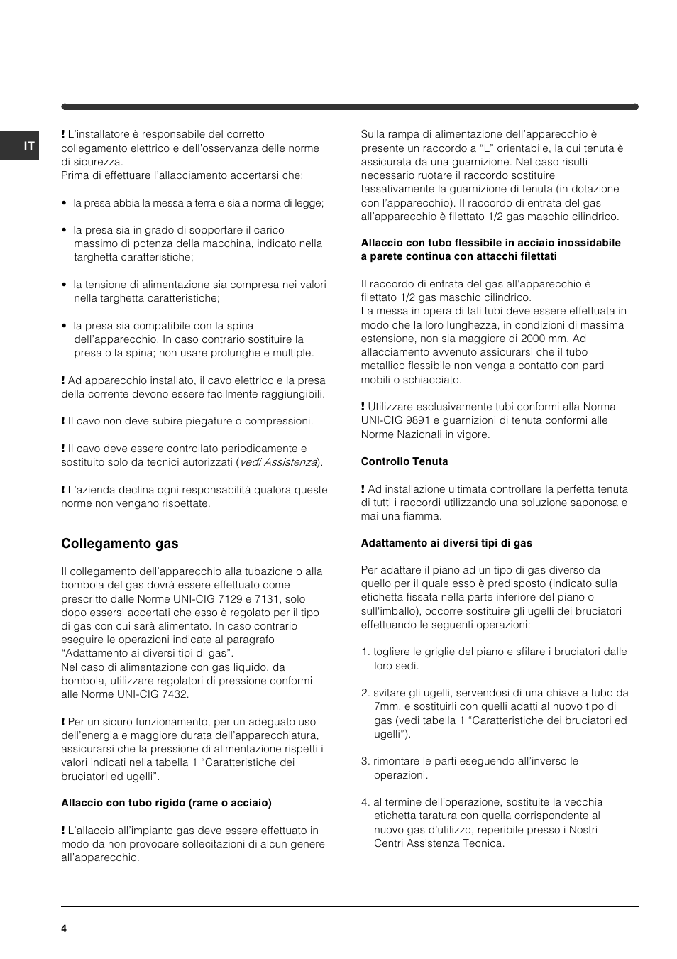 Collegamento gas | Indesit PI631 [multilanguage] User Manual | Page 4 / 56