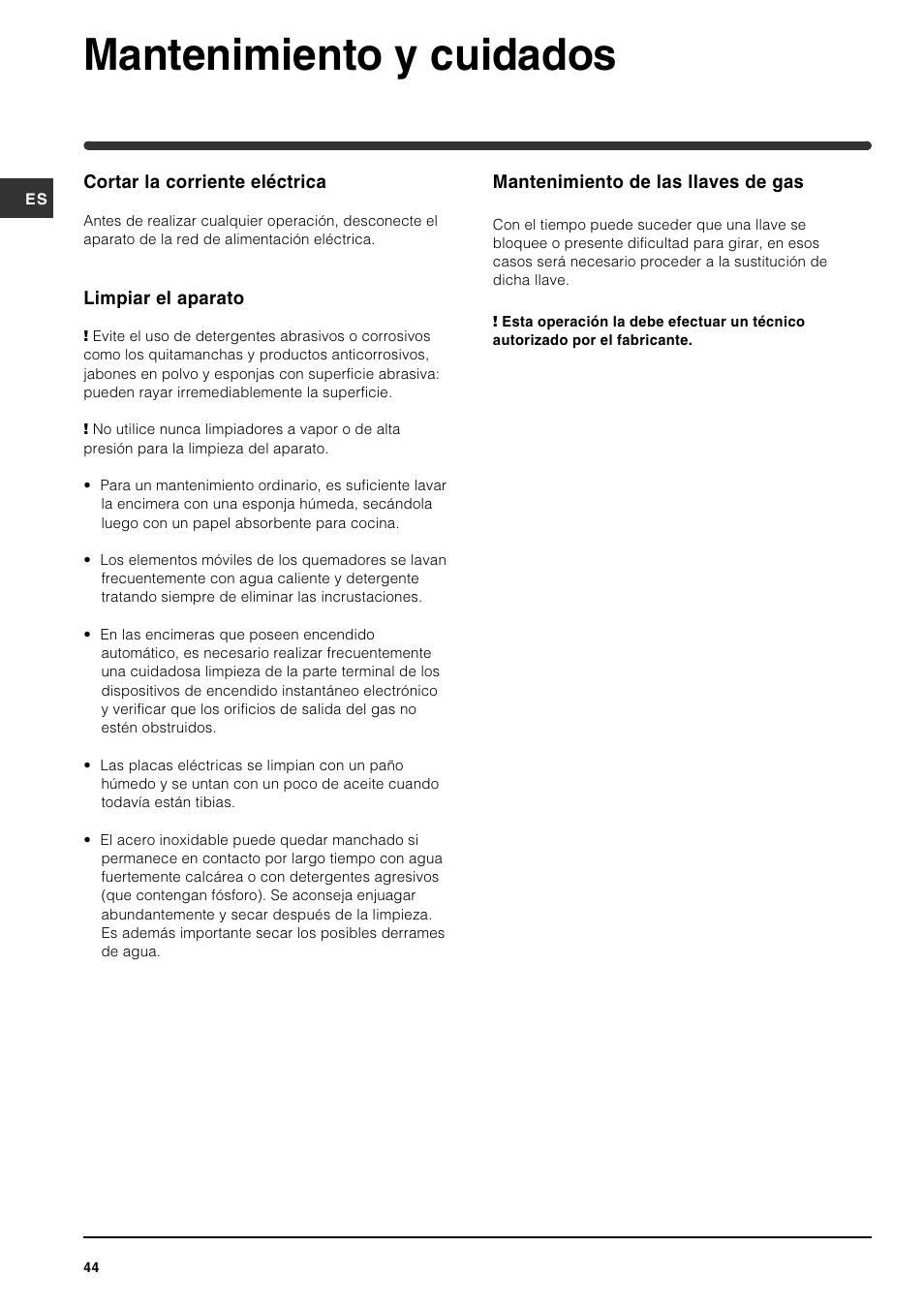 Mantenimiento y cuidados | Indesit PI631 [multilanguage] User Manual | Page 44 / 56
