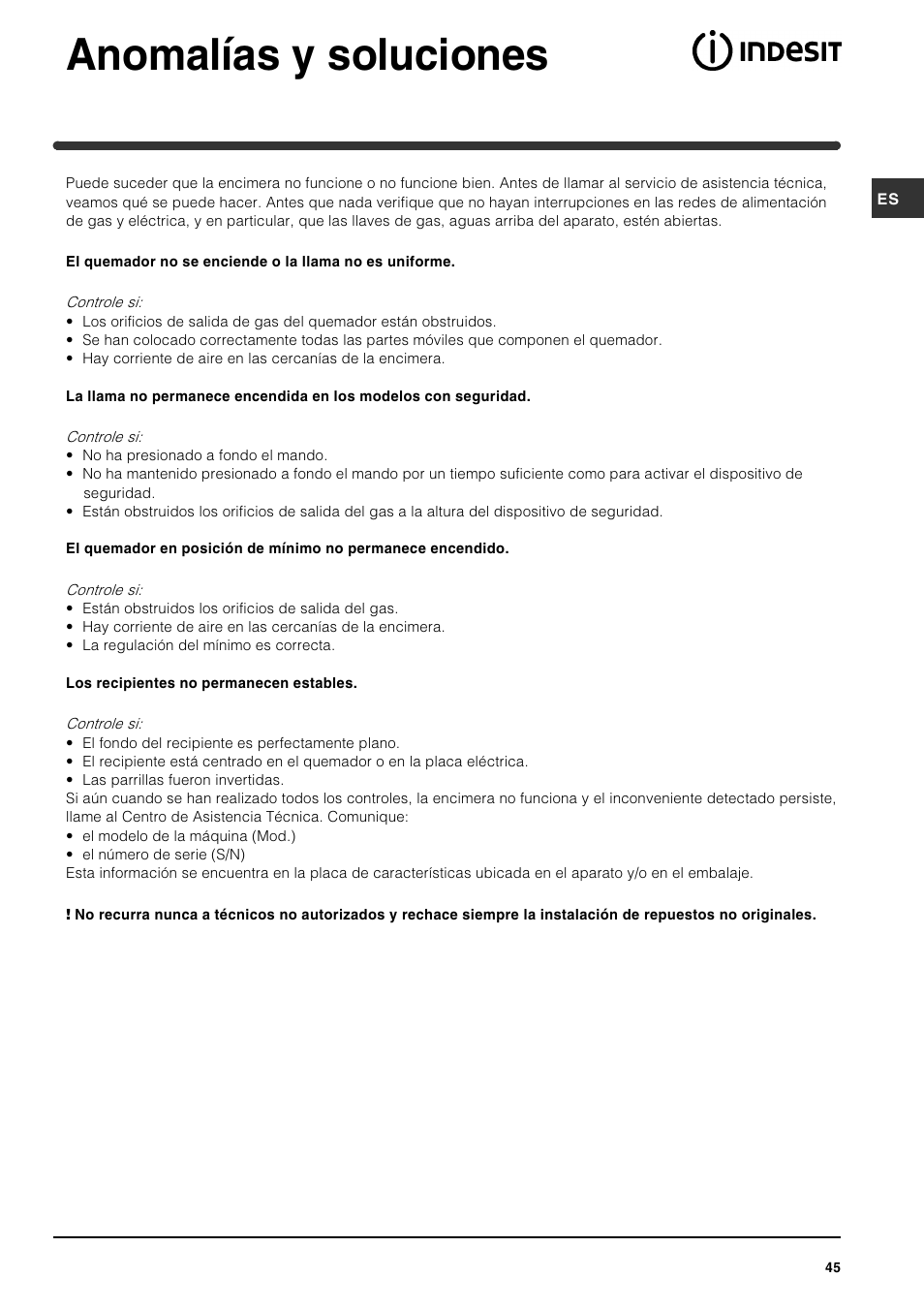 Anomalías y soluciones | Indesit PI631 [multilanguage] User Manual | Page 45 / 56