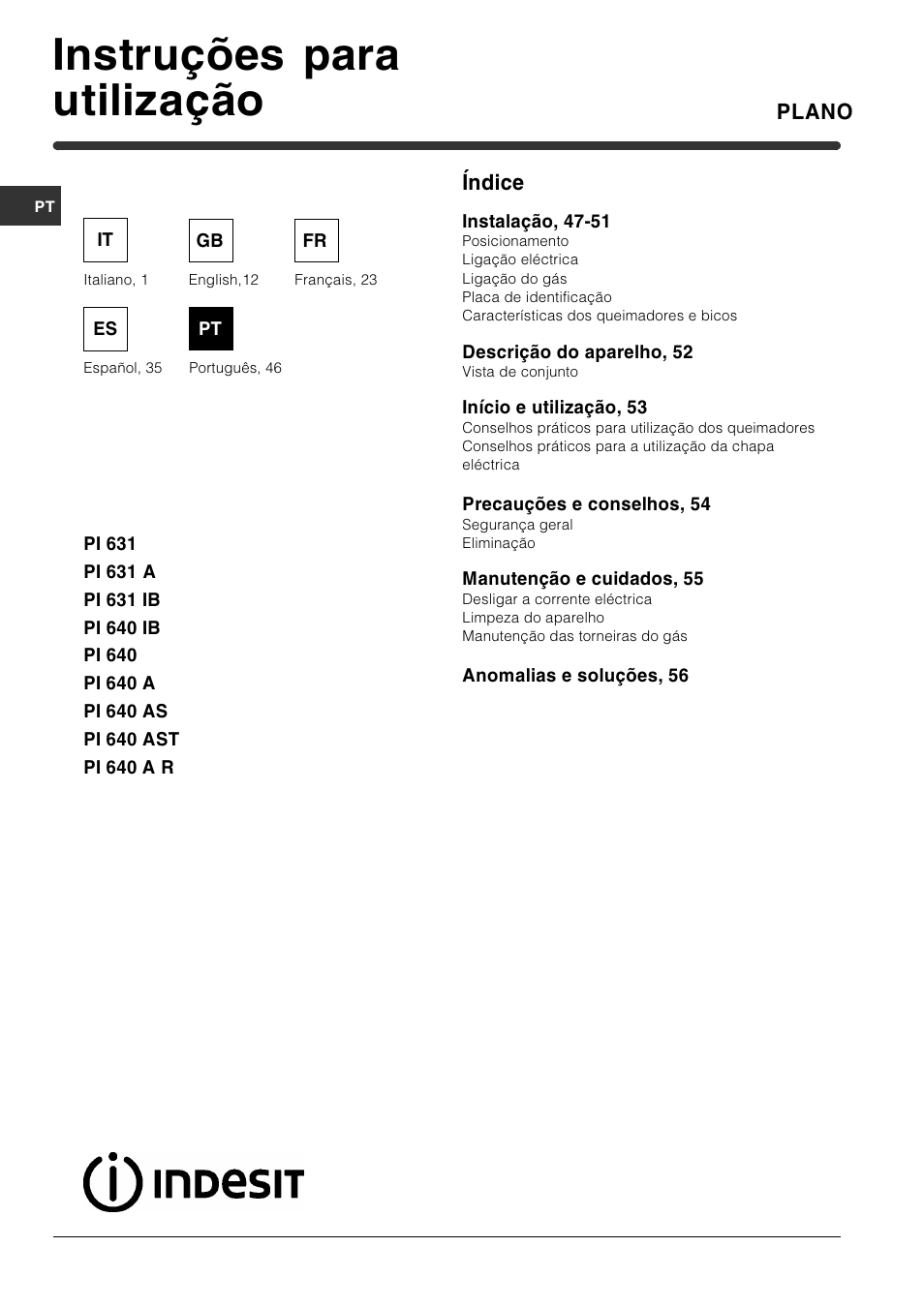 Instruções para utilização, Plano, Índice | Indesit PI631 [multilanguage] User Manual | Page 46 / 56