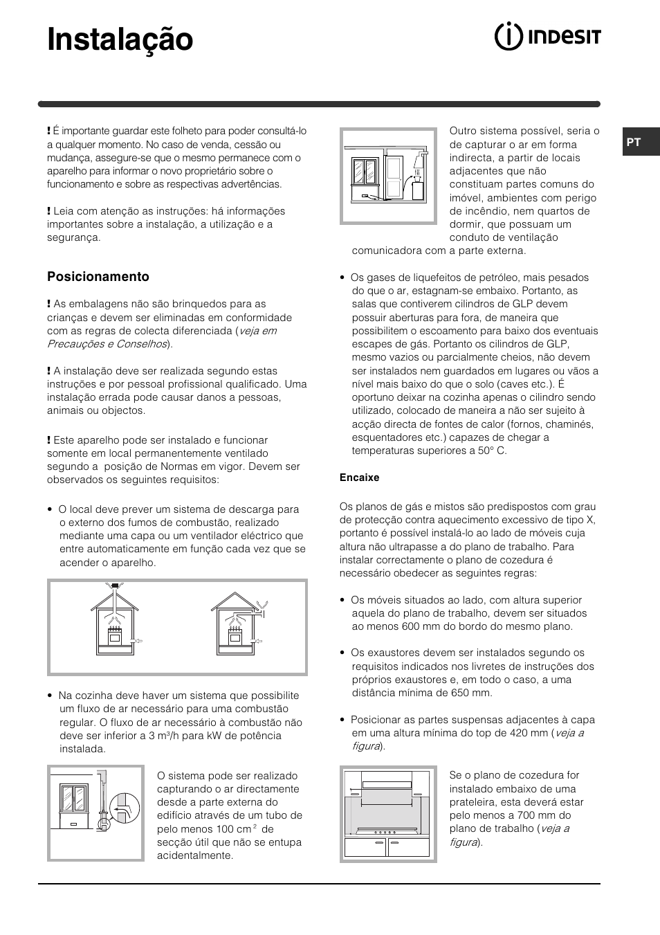 Instalação, Posicionamento | Indesit PI631 [multilanguage] User Manual | Page 47 / 56