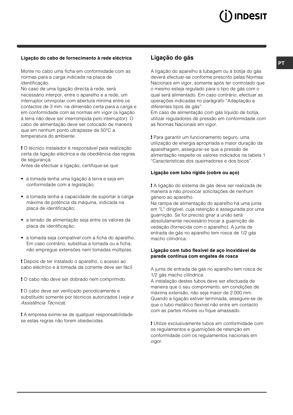 Ligação do gás | Indesit PI631 [multilanguage] User Manual | Page 49 / 56