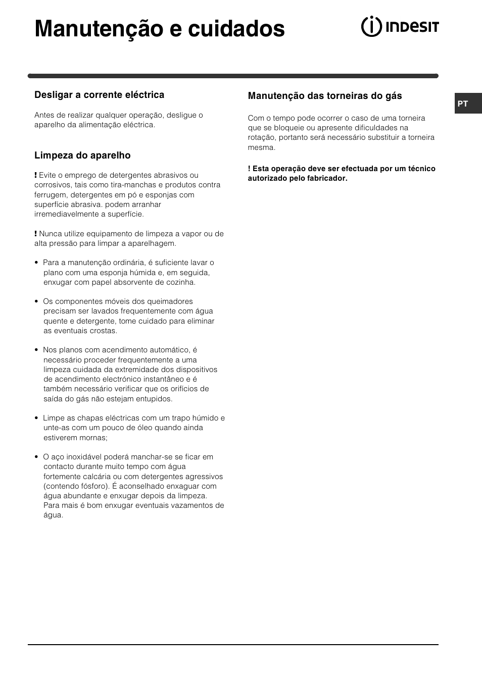 Manutenção e cuidados | Indesit PI631 [multilanguage] User Manual | Page 55 / 56