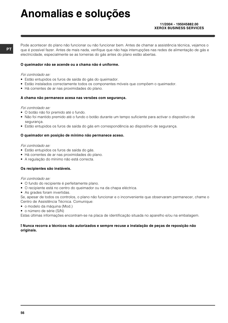 Anomalias e soluções | Indesit PI631 [multilanguage] User Manual | Page 56 / 56