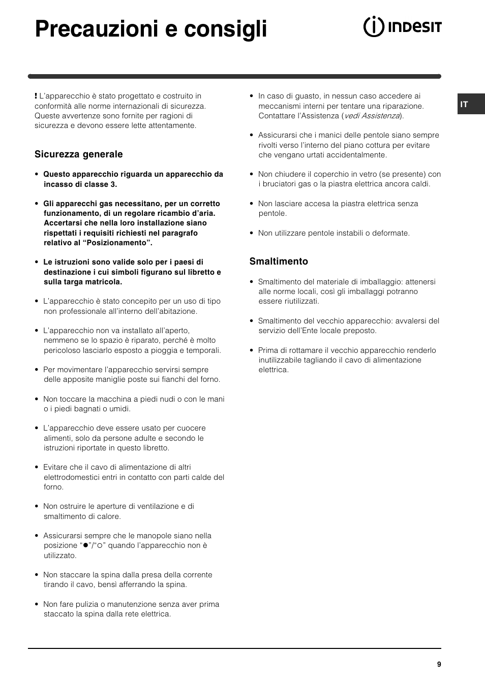 Precauzioni e consigli, Sicurezza generale, Smaltimento | Indesit PI631 [multilanguage] User Manual | Page 9 / 56