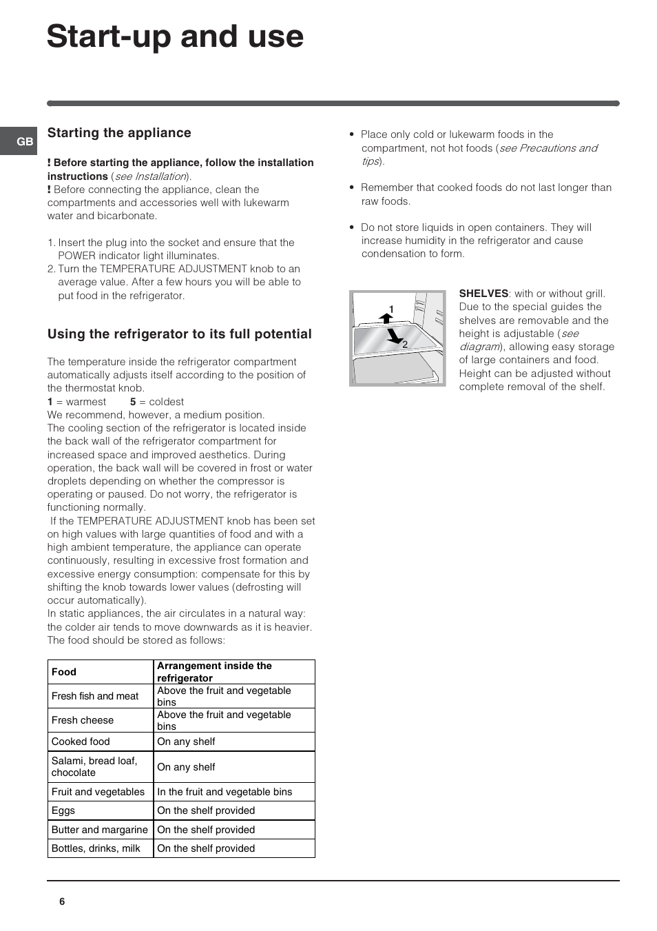 Start-up and use, Starting the appliance, Using the refrigerator to its full potential | Indesit CA55NFUK User Manual | Page 6 / 12