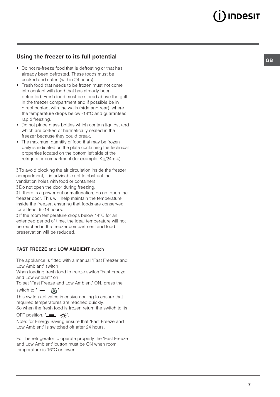 Using the freezer to its full potential | Indesit CA55NFUK User Manual | Page 7 / 12