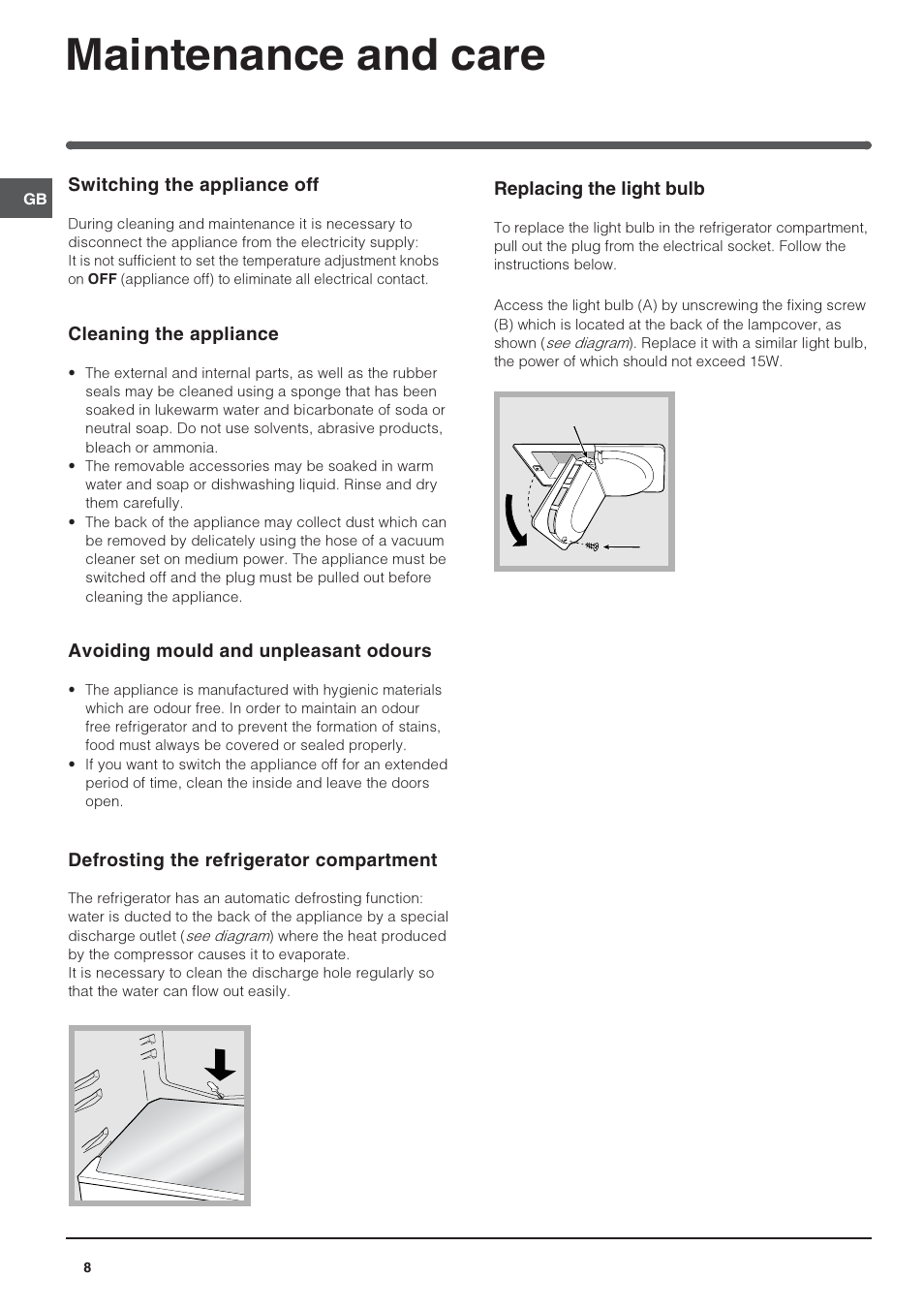 Maintenance and care | Indesit CA55NFUK User Manual | Page 8 / 12