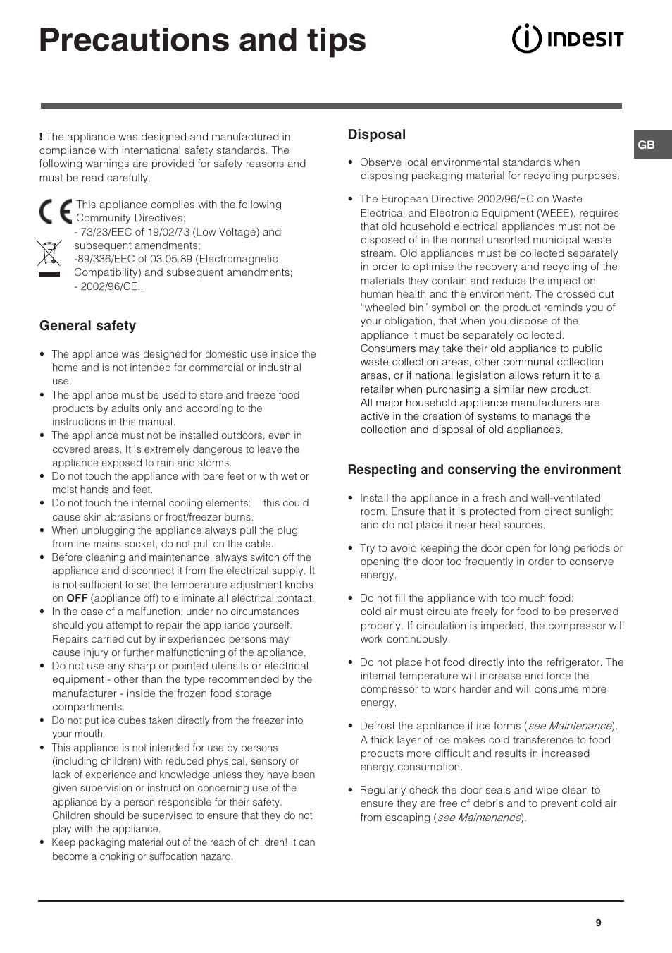 Precautions and tips, Disposal, Respecting and conserving the environment | General safety | Indesit CA55NFUK User Manual | Page 9 / 12