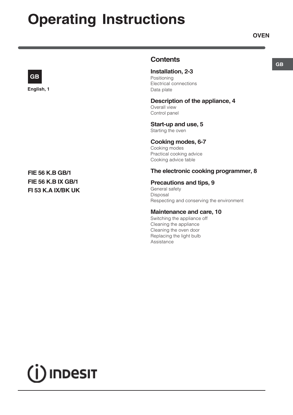 Indesit FIE56K-BWHGB-1 User Manual | 12 pages