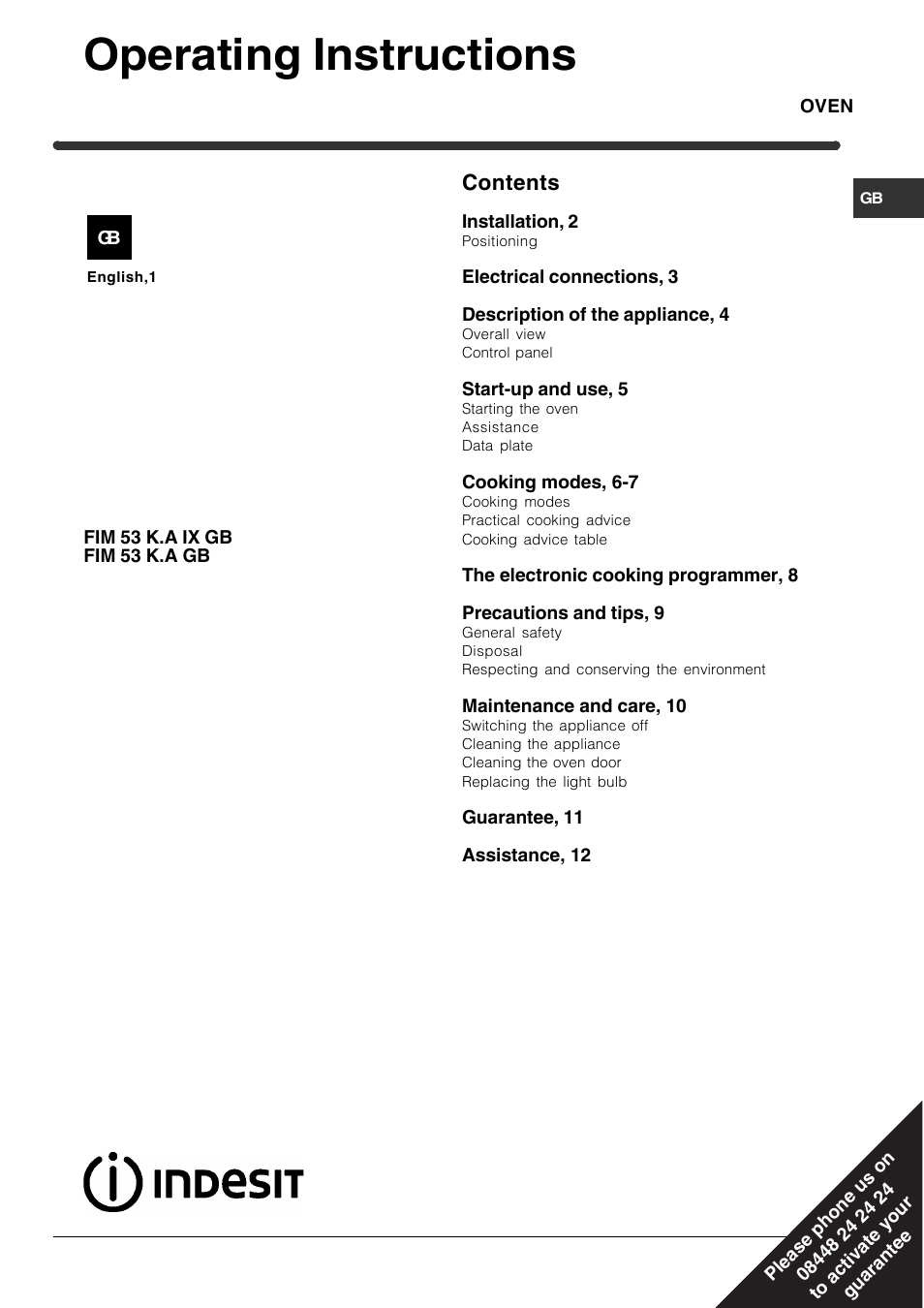 Indesit FIM53K-AIXGB User Manual | 12 pages