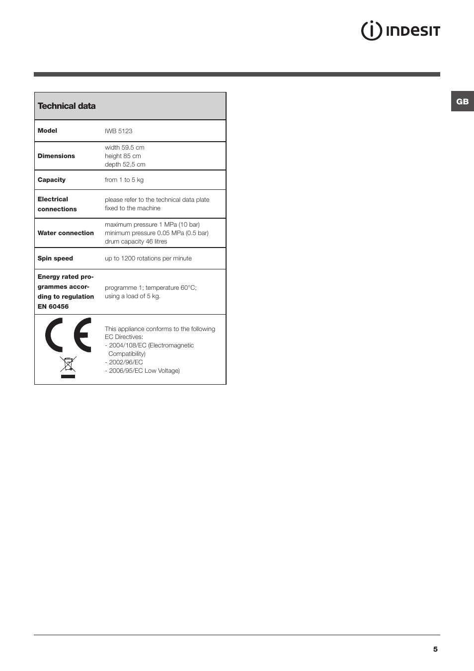 Technical data | Indesit IWB5123UKB User Manual | Page 5 / 16