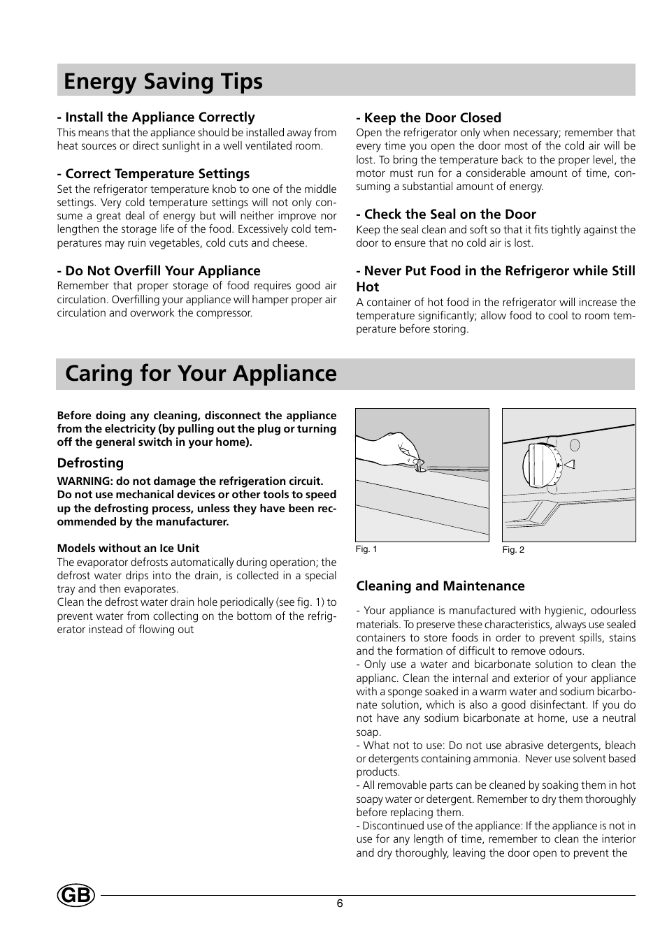 Energy saving tips, Caring for your appliance | Indesit GSE160 User Manual | Page 8 / 12