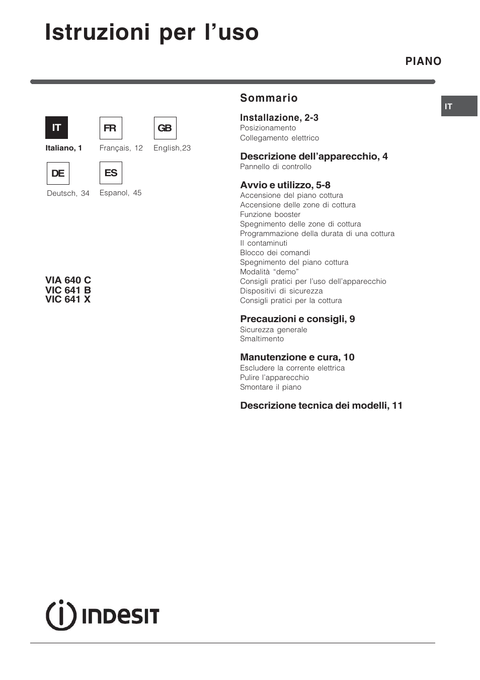Indesit VIA640C – for models to 9 Dec 2009 User Manual | 56 pages