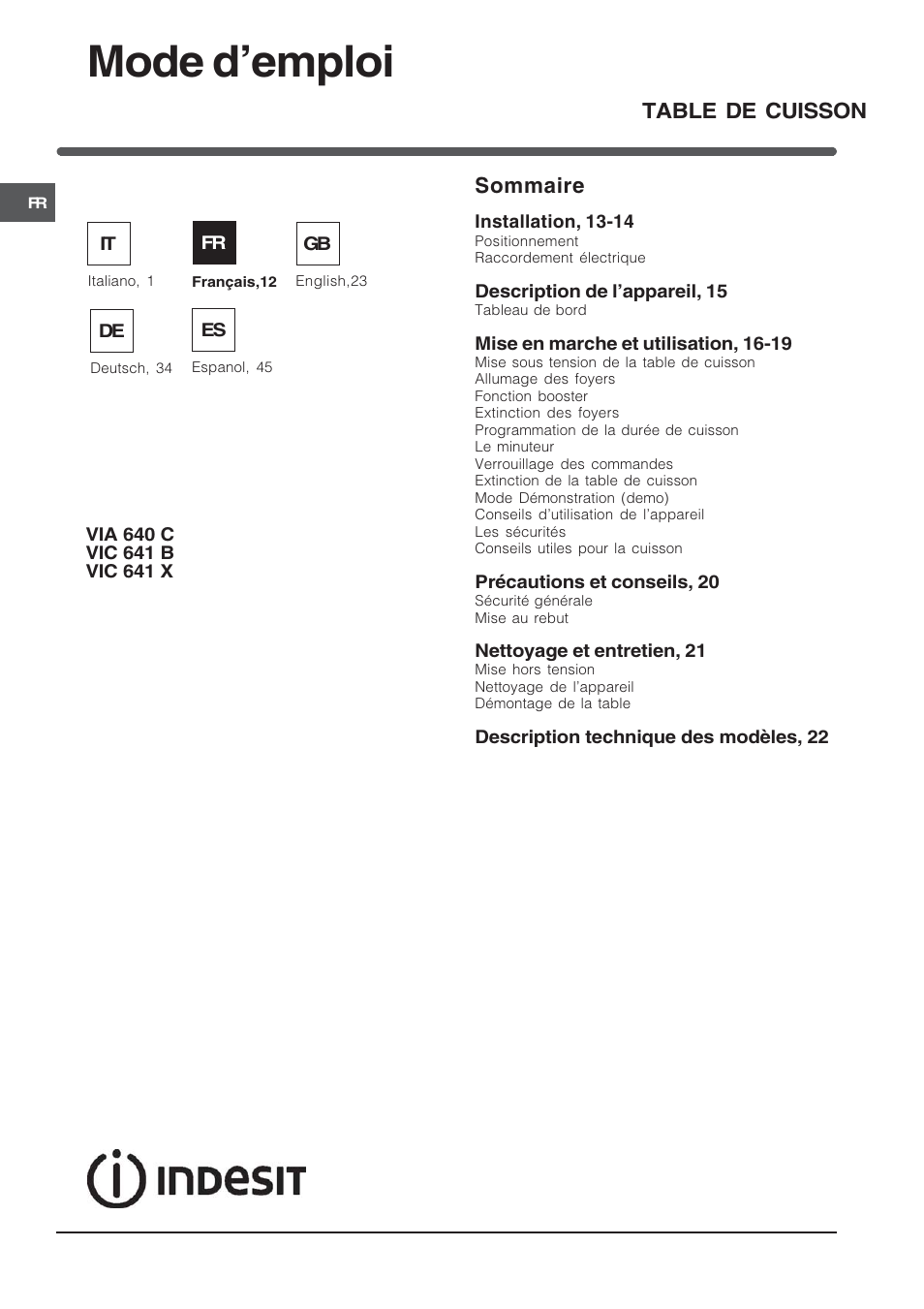 Mode demploi, Sommaire, Table de cuisson | Indesit VIA640C – for models to 9 Dec 2009 User Manual | Page 12 / 56