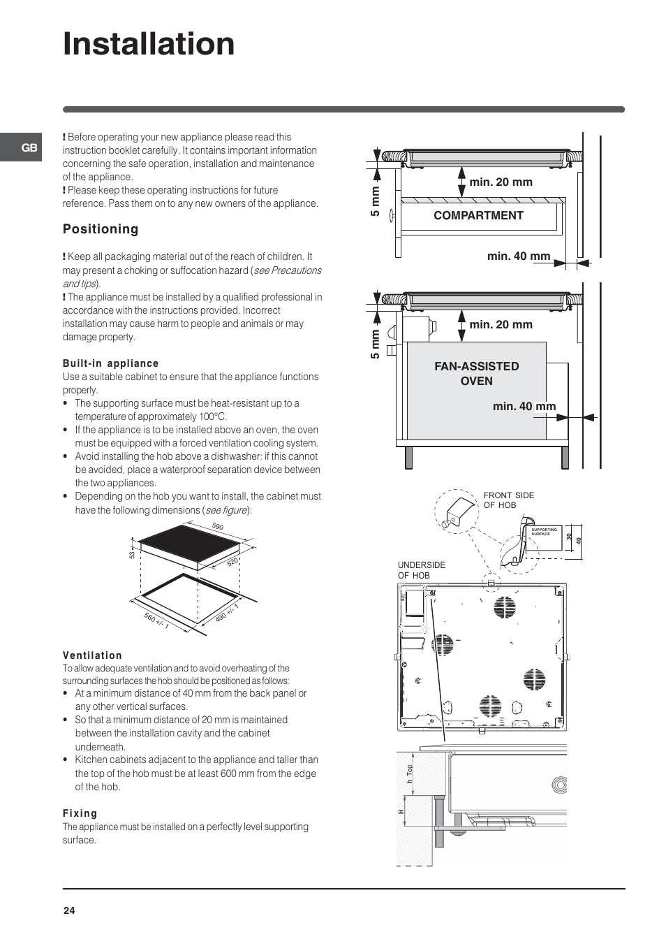 Installation, Positioning | Indesit VIA640C – for models to 9 Dec 2009 User Manual | Page 24 / 56