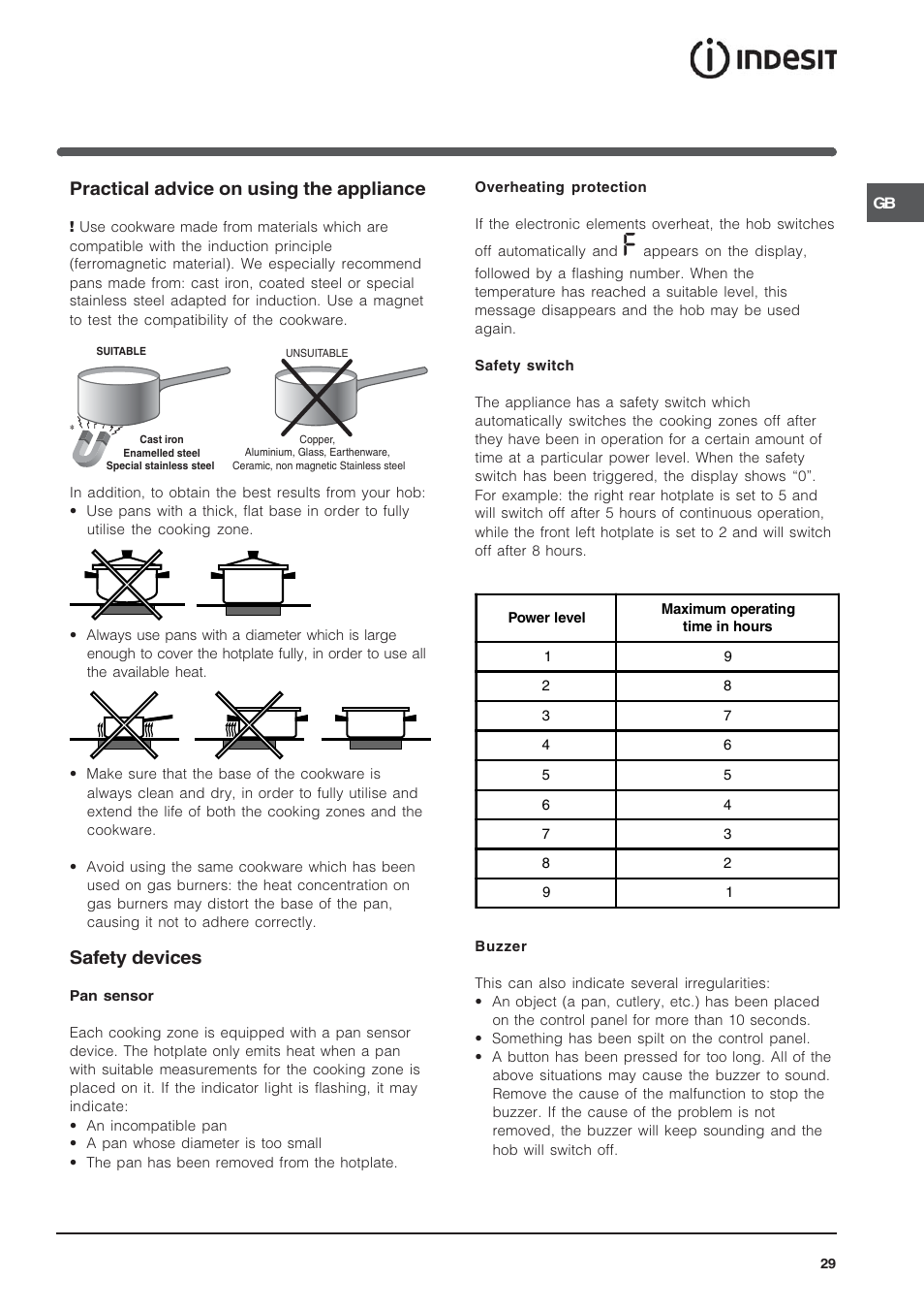 Practical advice on using the appliance, Safety devices | Indesit VIA640C – for models to 9 Dec 2009 User Manual | Page 29 / 56