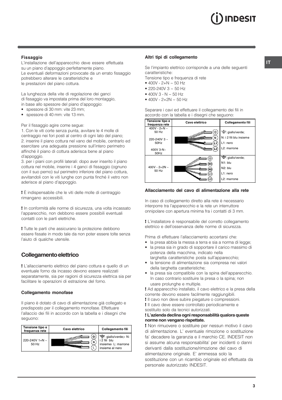 Collegamento elettrico | Indesit VIA640C – for models to 9 Dec 2009 User Manual | Page 3 / 56