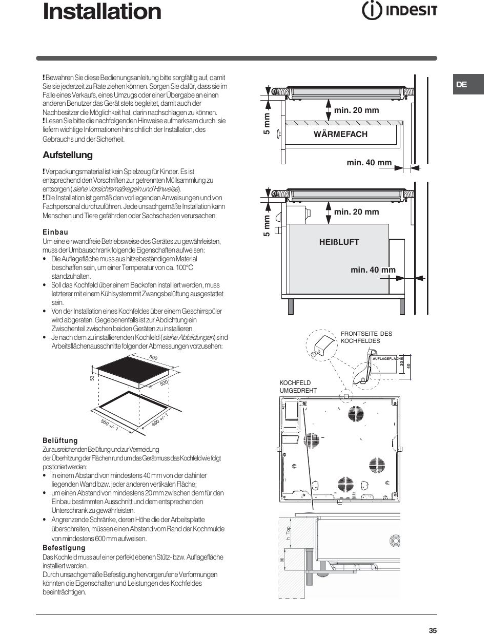 Installation, Aufstellung | Indesit VIA640C – for models to 9 Dec 2009 User Manual | Page 35 / 56