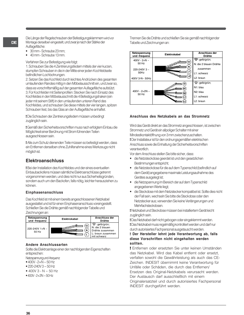 Elektroanschluss | Indesit VIA640C – for models to 9 Dec 2009 User Manual | Page 36 / 56