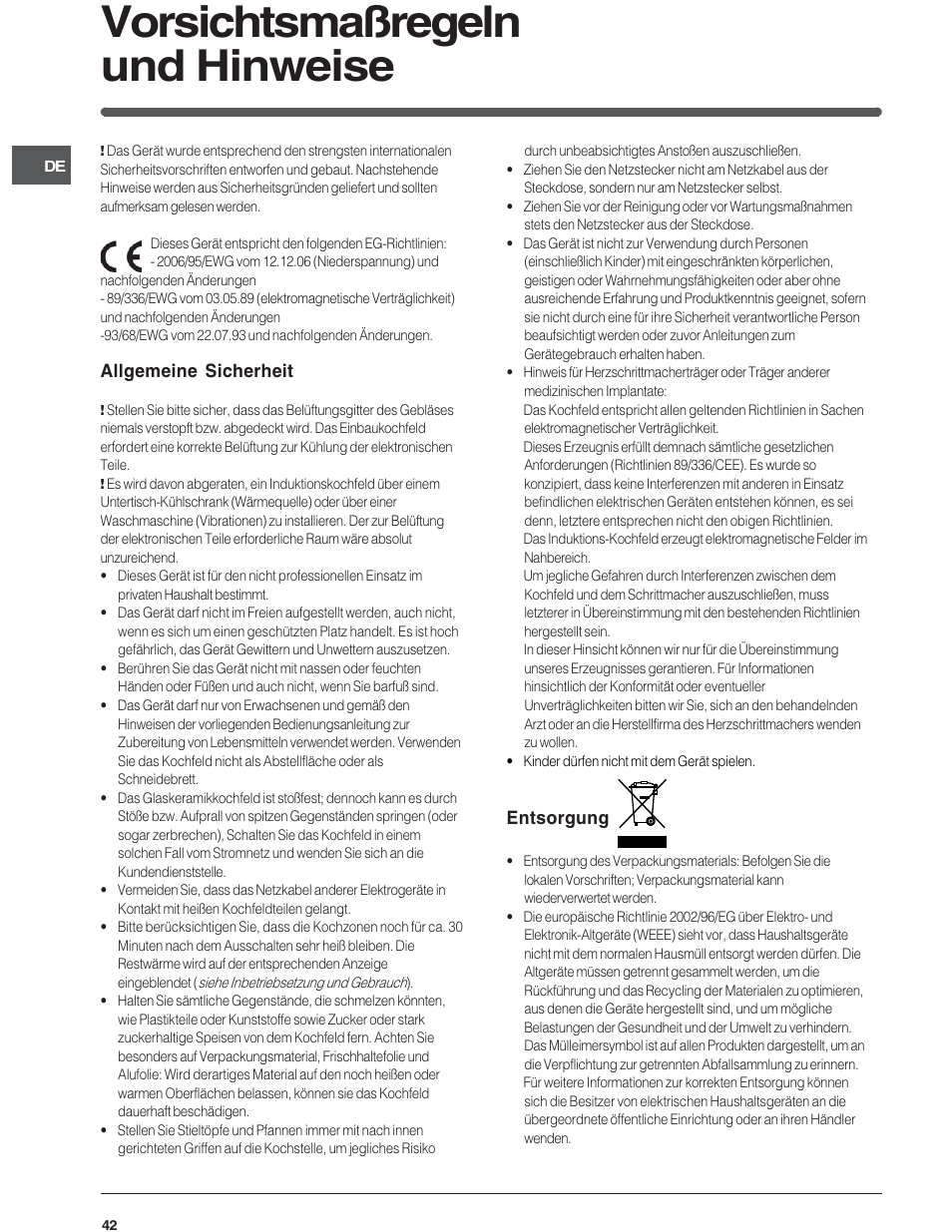Vorsichtsmaßregeln und hinweise | Indesit VIA640C – for models to 9 Dec 2009 User Manual | Page 42 / 56