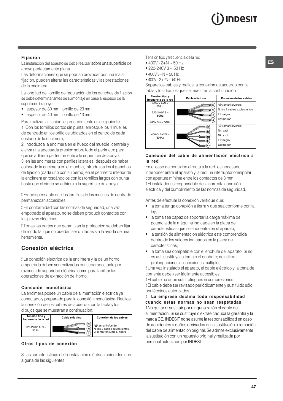 Conexión eléctrica | Indesit VIA640C – for models to 9 Dec 2009 User Manual | Page 47 / 56