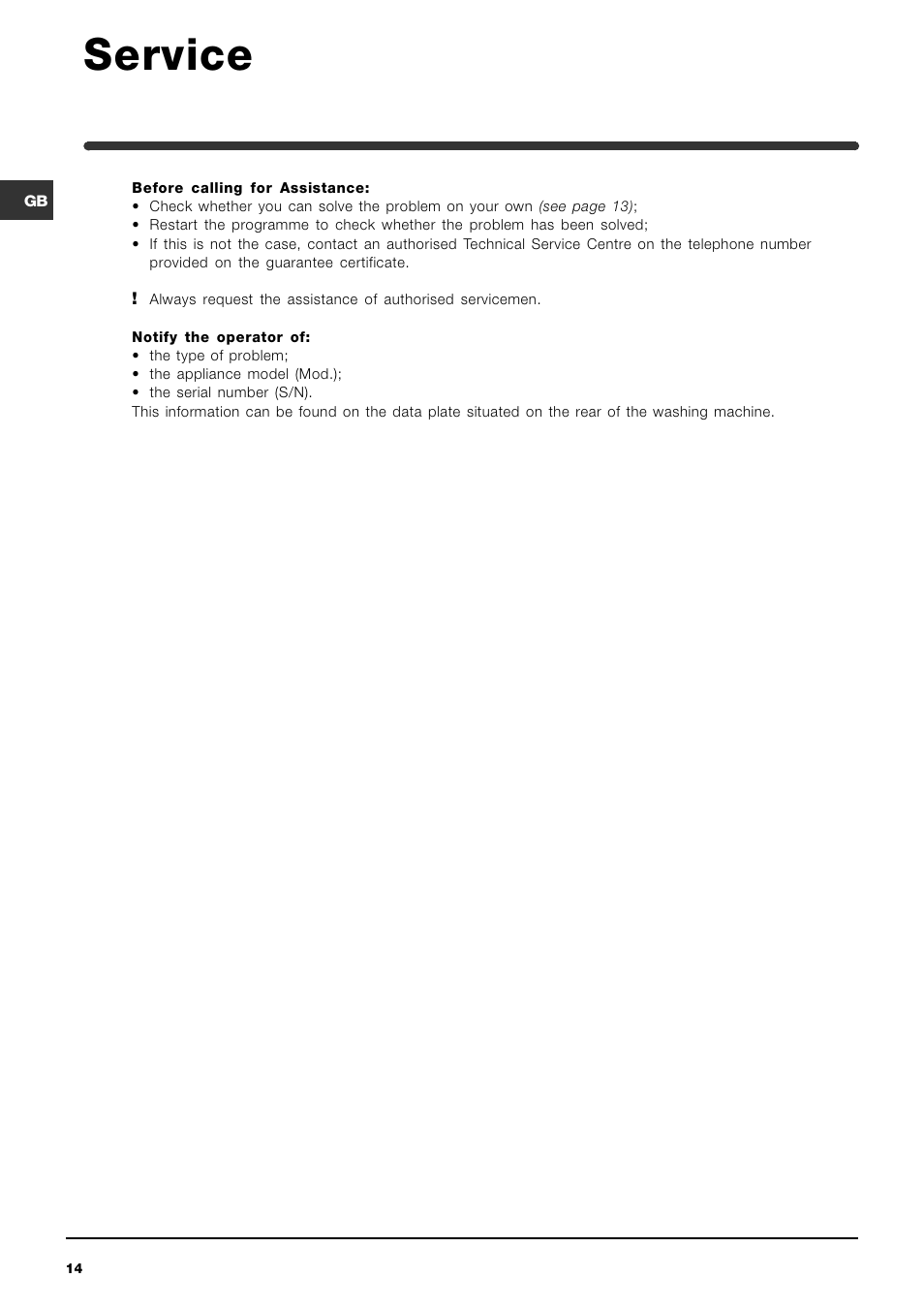 Service | Indesit WIL123SUK Hot & Cold Fill User Manual | Page 14 / 16