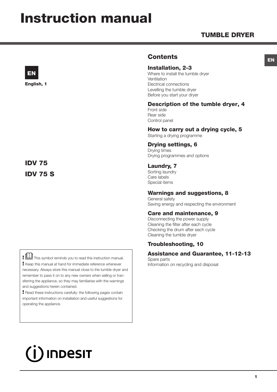 Indesit IDV75UK User Manual | 16 pages