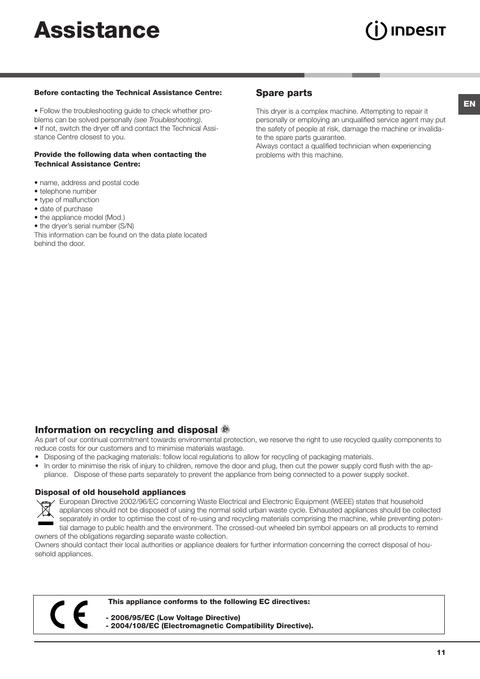 Assistance | Indesit IDV75UK User Manual | Page 11 / 16
