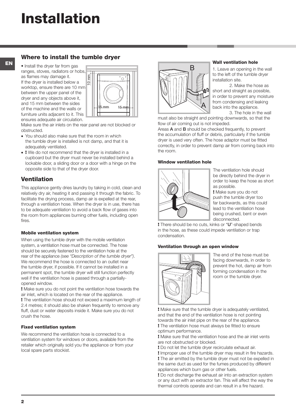 Installation, Where to install the tumble dryer, Ventilation | Indesit IDV75UK User Manual | Page 2 / 16