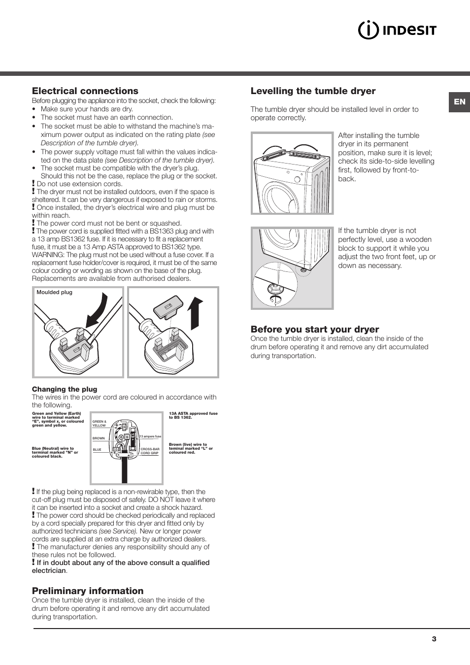 Levelling the tumble dryer, Before you start your dryer, Electrical connections | Preliminary information | Indesit IDV75UK User Manual | Page 3 / 16