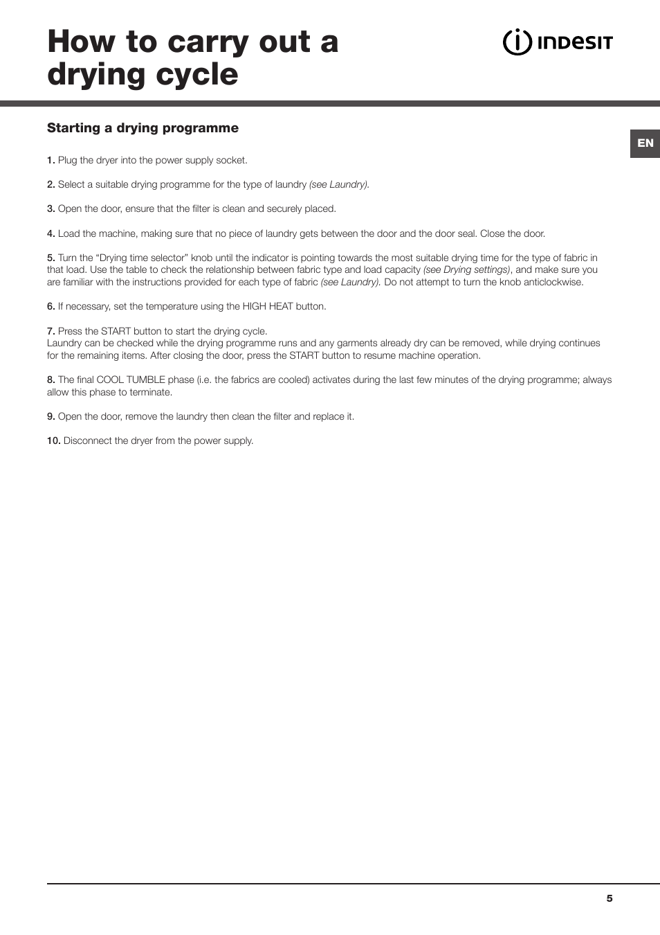 How to carry out a drying cycle | Indesit IDV75UK User Manual | Page 5 / 16