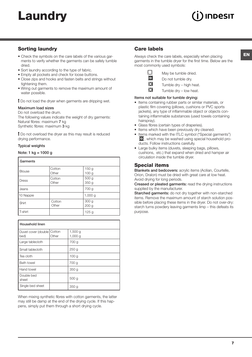 Laundry, Sorting laundry, Care labels | Special items | Indesit IDV75UK User Manual | Page 7 / 16